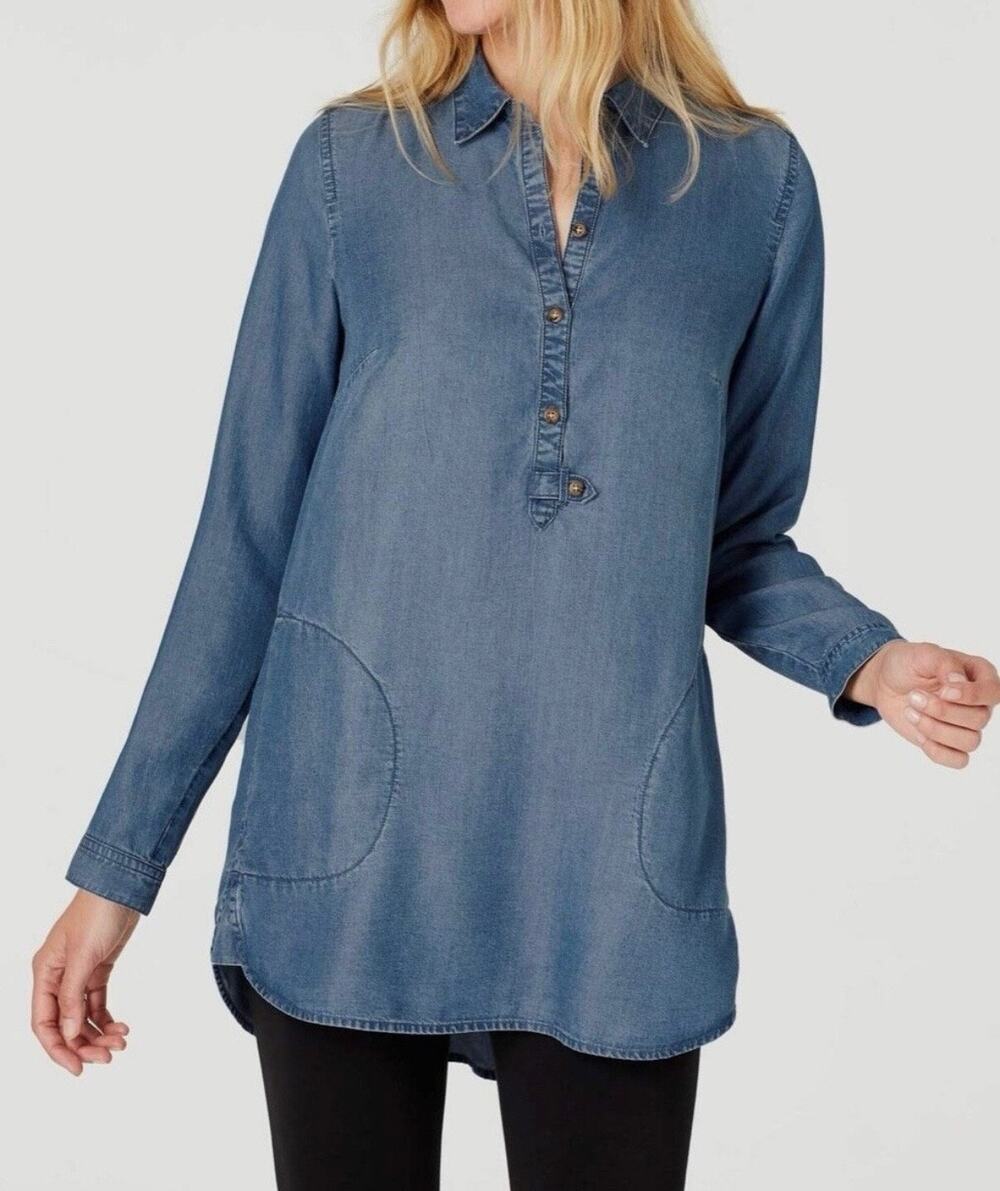 🔥J.Jill Chambray Blue long sleeve quarter button shirt tunic boho Lagenlook